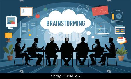 Illustration de session de brainstorming avec silhouettes, bulle de pensée et icônes de stratégie pour le travail d'équipe, la planification et les thèmes de conception d'entreprise Illustration de Vecteur