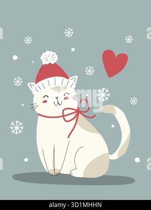 Chat blanc souriant dans un chapeau de Père Noël rouge avec un arc rouge, entouré de flocons de neige et d'un coeur. Illustration de Vecteur