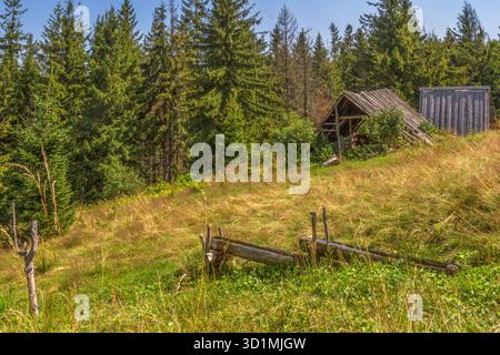 Le paysage des montagnes Beskid. Une source d'eau et des abris traditionnels en bois dans les montagnes. Les montagnes Beskid, Pologne Banque D'Images