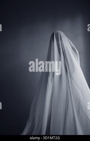 Femme avec une largeur de tissu blanc, costume fantôme Banque D'Images