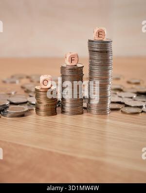 Cubes en bois avec lettres OFE (Open pension Fund â€“ Otwarty Fundusz Emerytalny) debout sur des pièces polonaises représentant la stabilité financière et l’épargne retraite à long terme. Banque D'Images
