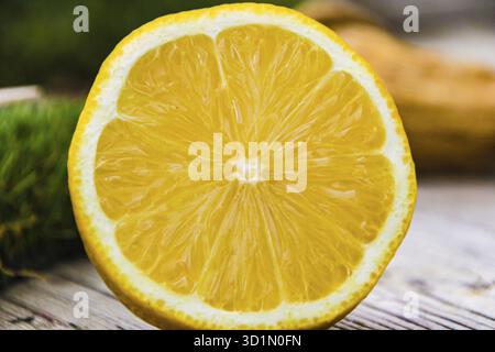 Fruits tropicaux exotiques, fonds d'agrumes et textures alimentaires détaillées concept avec photo plein cadre de macro extrême gros plan sur une tranche de lemo Banque D'Images