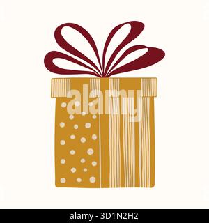 Boîte cadeau dessinée à la main avec noeud rouge. Cadeau pour Noël, nouvel an, anniversaire, vacances. Clipart de dessin animé plat isolé sur fond Illustration de Vecteur