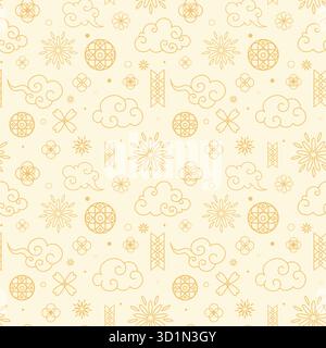 Motif sans couture du nouvel an lunaire chinois doré. Contour motif oriental asiatique dessiné à la main avec nuages, fleurs et éléments traditionnels décoratifs Illustration de Vecteur