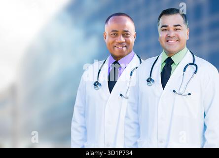 Médecins afro-américains et hispaniques à l'extérieur du bâtiment de l'hôpital Banque D'Images