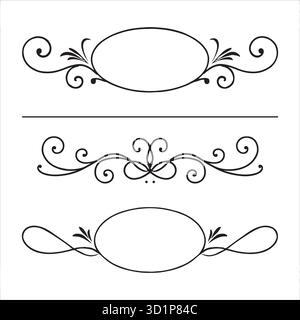 Lot de 3 élégants cadres ovales à fleurs noires et diviseurs tourbillonnants ornés Collection vectorielle Illustration de Vecteur