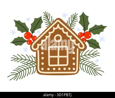 Une maison en pain d'épices est décorée avec beaucoup de glaçage, entourée de baies de houx et de branches à feuilles persistantes, créant une atmosphère de vacances confortable. Illustration de Vecteur