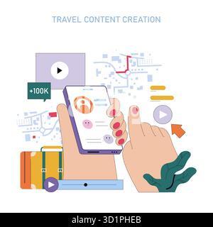 Illustration vectorielle de mains utilisant un smartphone pour la création de contenu de voyage. Inclut une carte, des icônes et des éléments de médias sociaux symbolisant l'interaction numérique et l'engagement des médias. Illustration de Vecteur