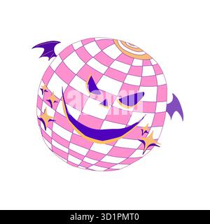 Lampe disco Y2K avec visage d'Halloween et ailes de chauve-souris, illustration lumineuse disco pastel stylisée alliant esthétique effrayante et rétro, parfaite pour Halloween Banque D'Images