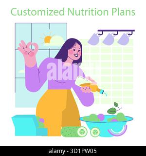 Femme souriant tout en tenant un téléphone et versant une vinaigrette sur une salade, illustrant la planification nutritionnelle personnalisée. Illustration vectorielle lumineuse et colorée présentant des choix de mode de vie sains. Illustration de Vecteur