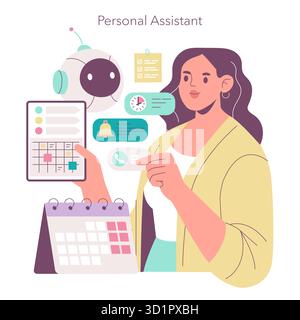 Illustration vectorielle d'un assistant personnel interagissant avec une interface numérique. Les fonctionnalités illustrées incluent un assistant robotique, des outils de planification et des icônes de communication. Illustration de Vecteur