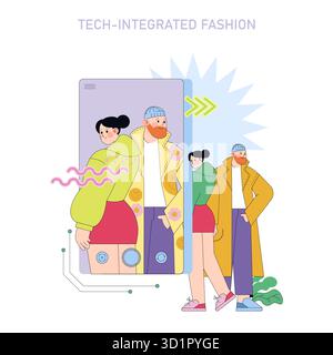 Illustration vectorielle mettant en vedette un homme et une femme dans des vêtements technologiques intégrés, avec une interface futuriste pour smartphone. Met l'accent sur le style moderne et la technologie dans la conception de la mode. Illustration de Vecteur