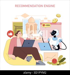 Personne et robot s’engageant dans une session de moteur de recommandation, mettant en valeur l’interaction et la collaboration avec l’IA. Illustration vectorielle moderne représentant l'émotion et la synergie technologique. Illustration de Vecteur