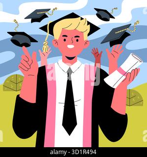 Joyeux diplômé en casquette et robe détient un diplôme tout en jetant des casquettes de graduation dans l'air. L'image capture l'excitation de la réalisation d'une étape académique. Illustration vectorielle. Illustration de Vecteur