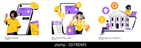 Illustrations vectorielles montrant une personne utilisant un portefeuille numérique, acheter maintenant payer plus tard concept, et système bancaire en ligne. Dépeint la technologie financière moderne et la commodité dans la vie quotidienne. Illustration de Vecteur