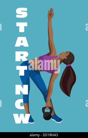 Une femme en forme effectue un étirement dynamique tout en tenant une kettlebell, sur un fond bleu éclatant avec des mots inspirants favorisant l'action. Illustration de Vecteur