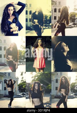 Ensemble d'images de femmes aux cheveux longs posant à l'extérieur Banque D'Images