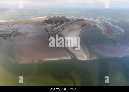 Vue aérienne de l'île néerlandaise Rottumerplaat, littoral avec des vasières et satellite Banque D'Images