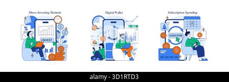 Ensemble d'illustrations vectorielles présentant des thèmes financiers. La première image montre le micro-investissement avec des graphiques numériques, la seconde décrit l'utilisation du portefeuille numérique avec des crypto-monnaies, la troisième se concentre sur les dépenses d'abonnement. Illustration de Vecteur