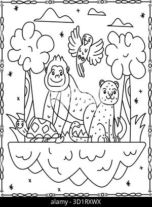 Cute Jungle Animals Coloring page pour enfants et adultes. Illustration de la faune amusante. Illustration de Vecteur