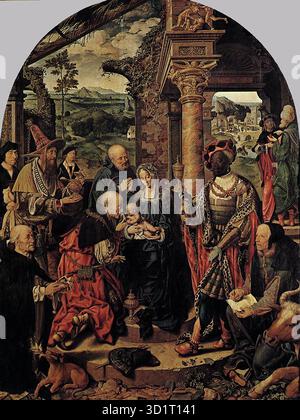 CLEVE, Joos van (né en 1485, Anvers, mort en 1540, Anvers) Adoration des Magi 1526-28 huile sur panneau de chêne, 251 x 185 cm Gem?ldegalerie, Dresde le tableau, provenant probablement d'une église de Gênes, a été attribué à d?rer au XVIe siècle. --- mots-clés : ------------- Auteur : CLEVE, Joos van titre : Adoration of the Magi Time-line : 1501-1550 École : Flamand forme : peinture type : religieux Banque D'Images