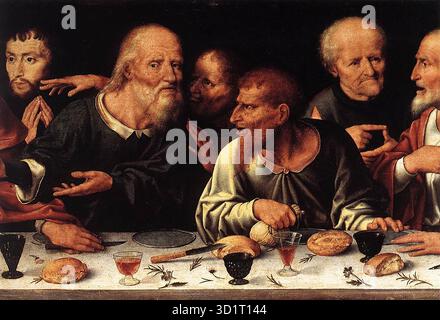 CLEVE, Joos van (né en 1485, Anvers, décédé en 1540, Anvers) retable de la Lamentation (détail) - huile sur bois, 45 x 206 cm (predella entière) Mus?e du Louvre, Paris la prédella du retable représente la Cène. Ce détail montre Judas. --- mots-clés : ------------- Auteur : CLEVE, Joos van titre : retable de la Lamentation (détail) chronologie : 1501-1550 École : Flamande forme : peinture type : religieux Banque D'Images