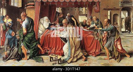 CLEVE, Joos van (né en 1485, Anvers, mort en 1540, Anvers) mort de la Vierge - chêne, 63 x 123,5 cm Musée Wallraf-Richartz, Cologne L'image montre le panneau central d'un triptyque. Le retable se trouvait à l'origine dans la chapelle privée du splendide Prager Hof à Cologne, à laquelle appartenait le donateur Nicasius Hackenay et dans laquelle l'empereur Maximilien séjournait souvent. --- mots-clés : ------------- Auteur : CLEVE, Joos van titre : Death of the Virgin chronologie : 1501-1550 École : Flamand forme : peinture type : religieux Banque D'Images