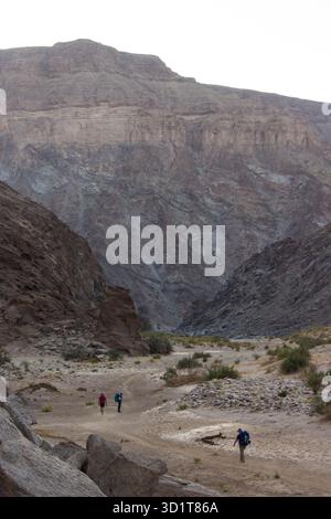 Randonneurs marchant dans le Fish River Canyon, avec les hautes falaises qui s'élèvent des deux côtés Banque D'Images