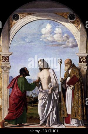 CIMA da Conegliano (b. CA. 1459, Conegliano, d. 1517/18, Conegliano) incrédulité de Saint Thomas avec l'évêque Magno c. 1505 Tempera et huile sur panneau, 215 x 151 cm Gallerie dell'Accademia, Venise même après Giorgione avait introduit sa réforme tonale révolutionnaire, Giambattista Cima a continué avec ses propres lignes d'expression - ses figures statutaires dans leur fermeté et ses couleurs richement limpide. Ce sont les qualités que nous trouvons dans ses œuvres qui datent de la première décennie du XVIe siècle, des œuvres comme l’incrédulité de Saint Thomas et de Mgr Magno par exemple, qui a été peinte pour le G. Banque D'Images