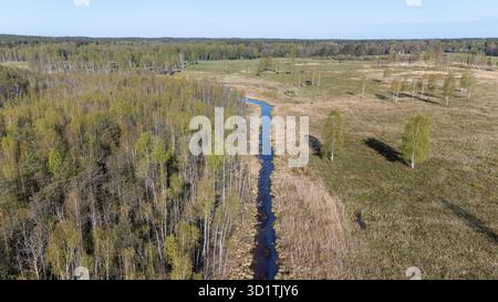 Vue aérienne d'une rivière étroite serpentant à travers une forêt et une prairie. Banque D'Images