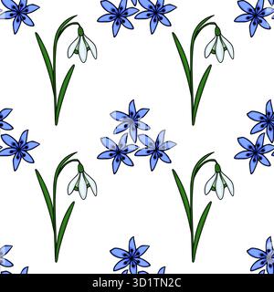 Motif vectoriel sans couture avec des gouttes de neige délicates et des fleurs scilla bleues vibrantes avec des tiges et des feuilles vertes sur un fond blanc propre. Illustration de Vecteur