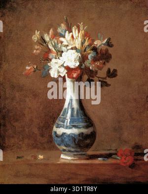 CHARDIN, Jean-Baptiste-SIM?on (né en 1699, Paris, mort en 1779, Paris) Un vase de fleurs 1760-61 huile sur toile, 45 x 37 cm National Gallery of Scotland, Édimbourg cette peinture représentant une variété de fleurs dans un vase de Delft bleu et blanc est la seule pièce de fleur survivante de Chardin. --- mots-clés : ------------- Auteur : CHARDIN, Jean-Baptiste-SIM?on titre : un vase de fleurs chronologie : 1701-1750 École : Français forme : peinture type : nature morte Banque D'Images
