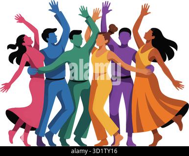 Illustration colorée de diverses figures humaines dansant dans une célébration joyeuse Illustration de Vecteur