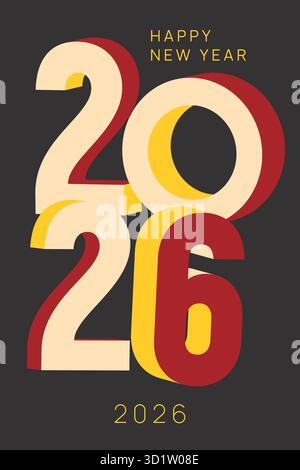 Bonne année 2026 salutation – typographie 3D audacieuse en rouge, jaune et crème sur fond sombre Illustration de Vecteur