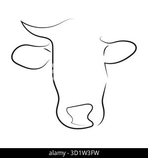 Tête de vache une ligne dessinant un seul animal de ferme minimaliste, sur un fond blanc, lui donnant une sensation moderne, élégante et organique, parfaite pour les produits laitiers Illustration de Vecteur