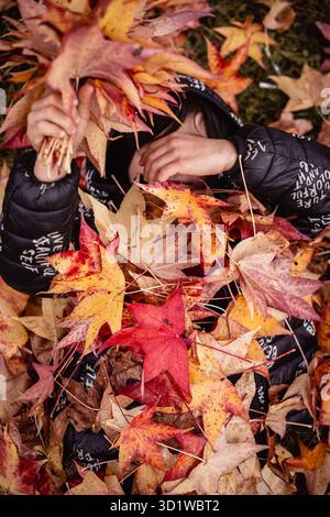 vue supérieure d'une jeune fille allongée au milieu de feuilles d'automne rouges et jaunes face couverte de feuillage Banque D'Images