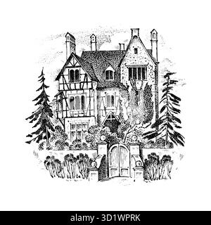 Architecture scandinave, style allemand, maisons à colombages, XVIIIe siècle. Charpente en bois. Paysage vectoriel esquisse d'encre de la rue. Dessiné à la main Illustration de Vecteur