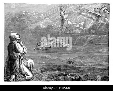 Illustration d'Elijah pris au ciel (2 Rois) Elisée voyant le Prophète Elijah monter dans un tourbillon au ciel dans un chariot de feu avec Eli Banque D'Images