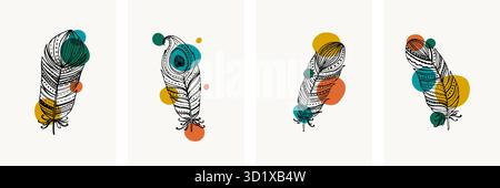 Créatif minimaliste Art abstrait cercle lumineux forme simple couleur vintage et dessiné à la main doodle noir et blanc couleur Scribble plume Illustration de Vecteur