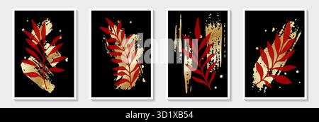 Ensemble de vecteur d'art mural botanique. Dessin au trait de feuillage tropical avec coup de pinceau. Conception abstraite d'Art végétal pour impression, couverture, papier peint Illustration de Vecteur