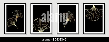 Ensemble d'illustrations de dessin à la main minimaliste créatif contour floral ginkgo biloba feuilles linéaire noir et blanc fond. pour décoration murale Illustration de Vecteur