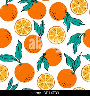 Motif tropical sans couture avec des oranges et des tranches d'orange. Motif d'oranges dessiné à la main sur fond blanc. pour tissu, étiquettes de dessin, impression, papier peint Illustration de Vecteur