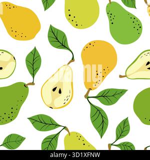 Motif sans couture avec poires jaunes et vertes et tranches de poire. Motif de poires dessiné à la main sur fond blanc. pour tissu, étiquettes de dessin, impression Illustration de Vecteur