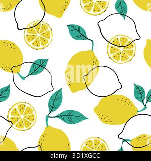 Motif tropical sans couture avec des citrons jaunes et des tranches de citron. Motif de citrons dessiné à la main sur fond blanc. pour tissu, étiquettes de dessin, impression Illustration de Vecteur