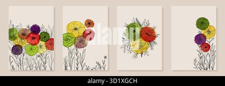 Fond d'art abstrait peint à la main minimaliste créatif avec tache d'aquarelle et plantes florales Doodle Scribble dessinées à la main. Décoration murale design Illustration de Vecteur