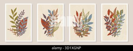 Ensemble d'illustrations de dessin à la main minimalistes créatives feuilles vertes et forme simple pastel pour décoration murale, conception de couverture de carte postale ou de brochure, affiche Illustration de Vecteur