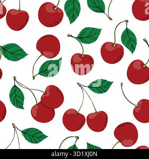 Motif tropical sans couture avec cerise rouge doodle. Motif cerise de baies dessinées à la main sur fond blanc. pour tissu, étiquettes de dessin, impression, papier peint Illustration de Vecteur