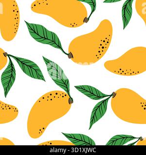 Modèle sans couture avec mangue orange et feuille. Motif de mangue jaune dessiné à la main sur fond blanc. pour tissu, étiquettes de dessin, impression, papier peint Illustration de Vecteur