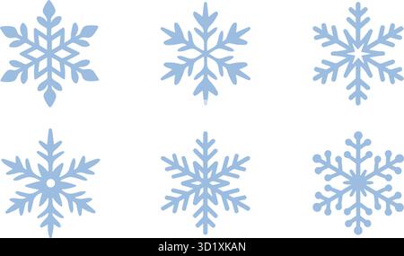 Flocons de neige bleus isolés sur fond blanc. Icônes de flocon de neige définies. Éléments graphiques de temps d'hiver décoratifs, objets clipart, illustration vectorielle simple Illustration de Vecteur
