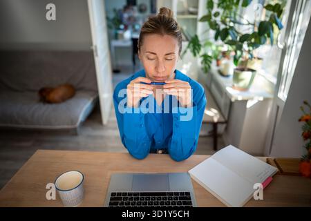 Concentré sur l'écran ordinateur portable femme freelance idée de projet de réflexion tenant le stylo travaillant à la maison Banque D'Images